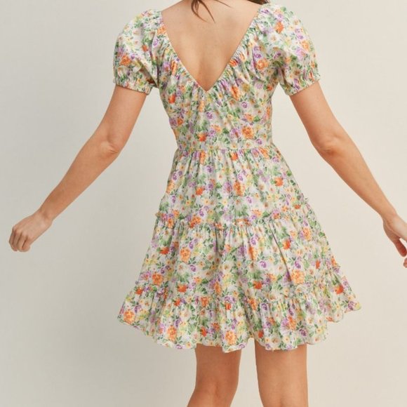 Boho floral v neck ruffle tiered open back mini dress lush brand size small - Picture 4 of 4